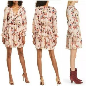 NWT Joie Floral Long Sleeve Ruffled Mini A-Line Silk Dress size XS